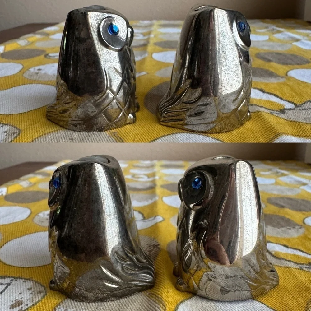 Vintage pewter owl with blue rhinestone eye salt and pepper shaker set